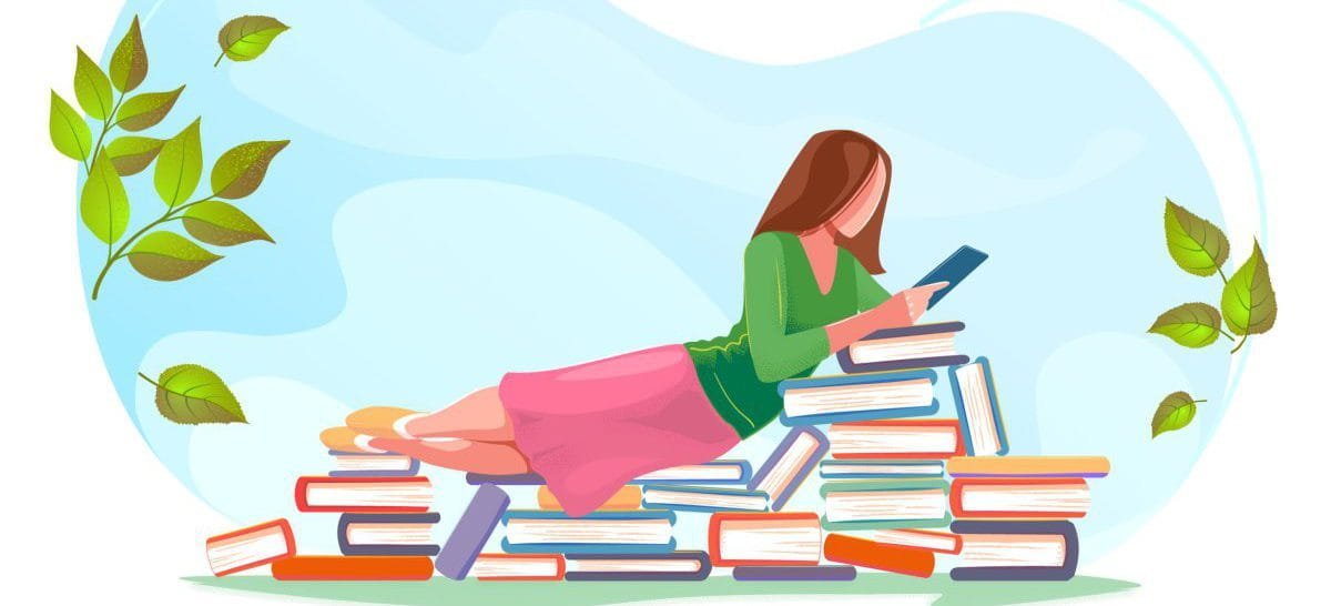 Girl,Reading,,Relax,On,Stacks,Of,Books,In,Spring,Background. Girl,Reading,,Relax,On,Stacks,Of,Books,In,Spring,Background.