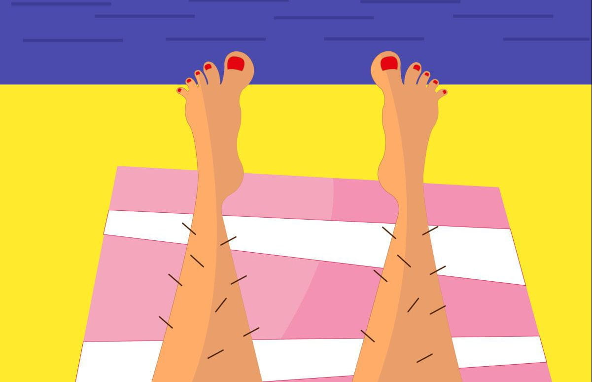 Eine,Illustration,von,behaarten,Frauenbeinen,am,Strand.,Körper Eine,Illustration,von,behaarten,Frauenbeinen,am,Strand.,Körper